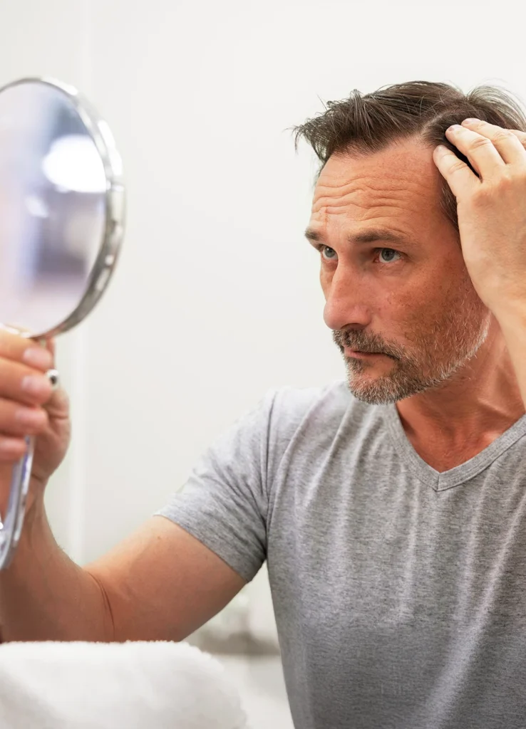 Tricologia e MMP Capilar | Tratamento para Queda de Cabelo 1 Tricologia com tratamento de MMP capilar Homem examinando cabelo no espelho notando falta de cabelo e buscando cuidados de Tricologia com tratamento de MMP capilar