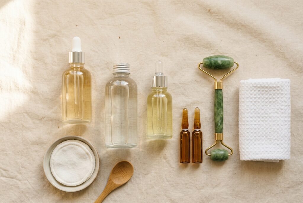Rotina de skincare coreano com serums e ampolas